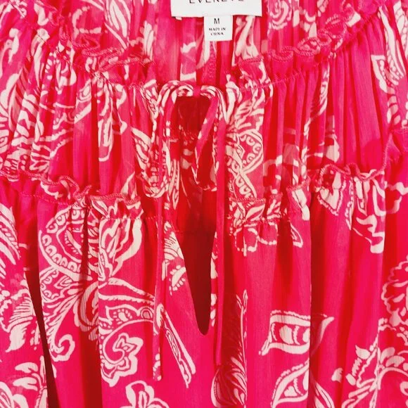 Evereve, M Red and White Print Blouse, Long Sleeve, Tie V Neck Small Ruffle Trim - Picture 7 of 16